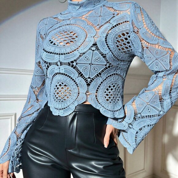 Tops - Casual Baby Blue Women's Mandarin Collar Lace Bell Sleeve Blouse